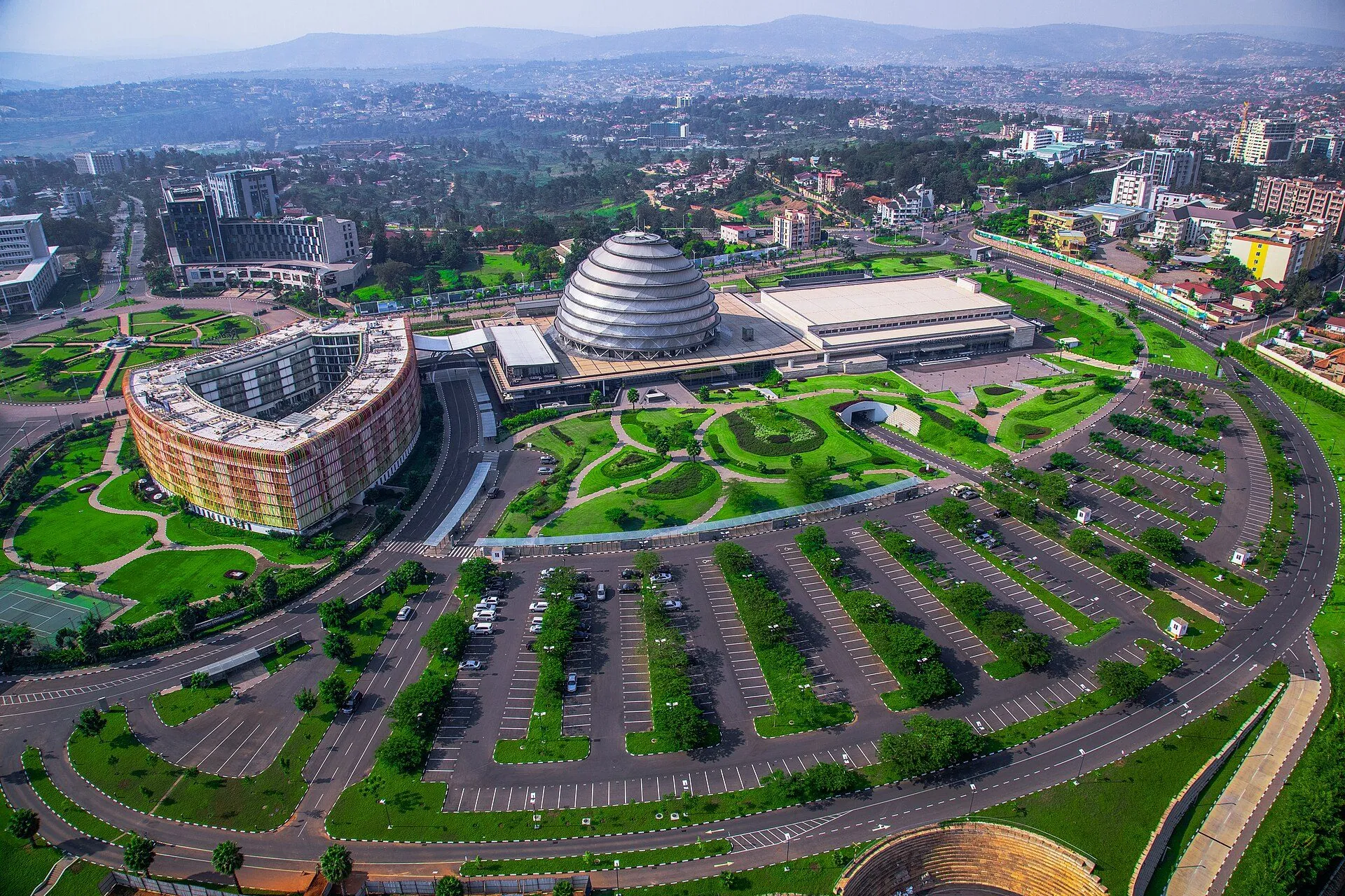Aerial view of the Kigali Convention Centre and its gardens
